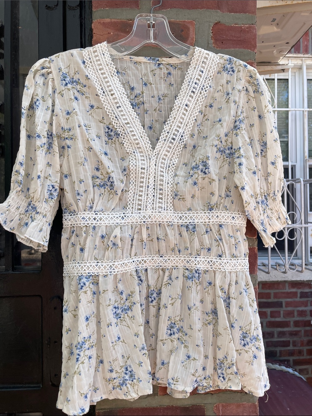 Floral Lace-Trim Peplum Blouse in Cream and Blue - Picture 3 of 6